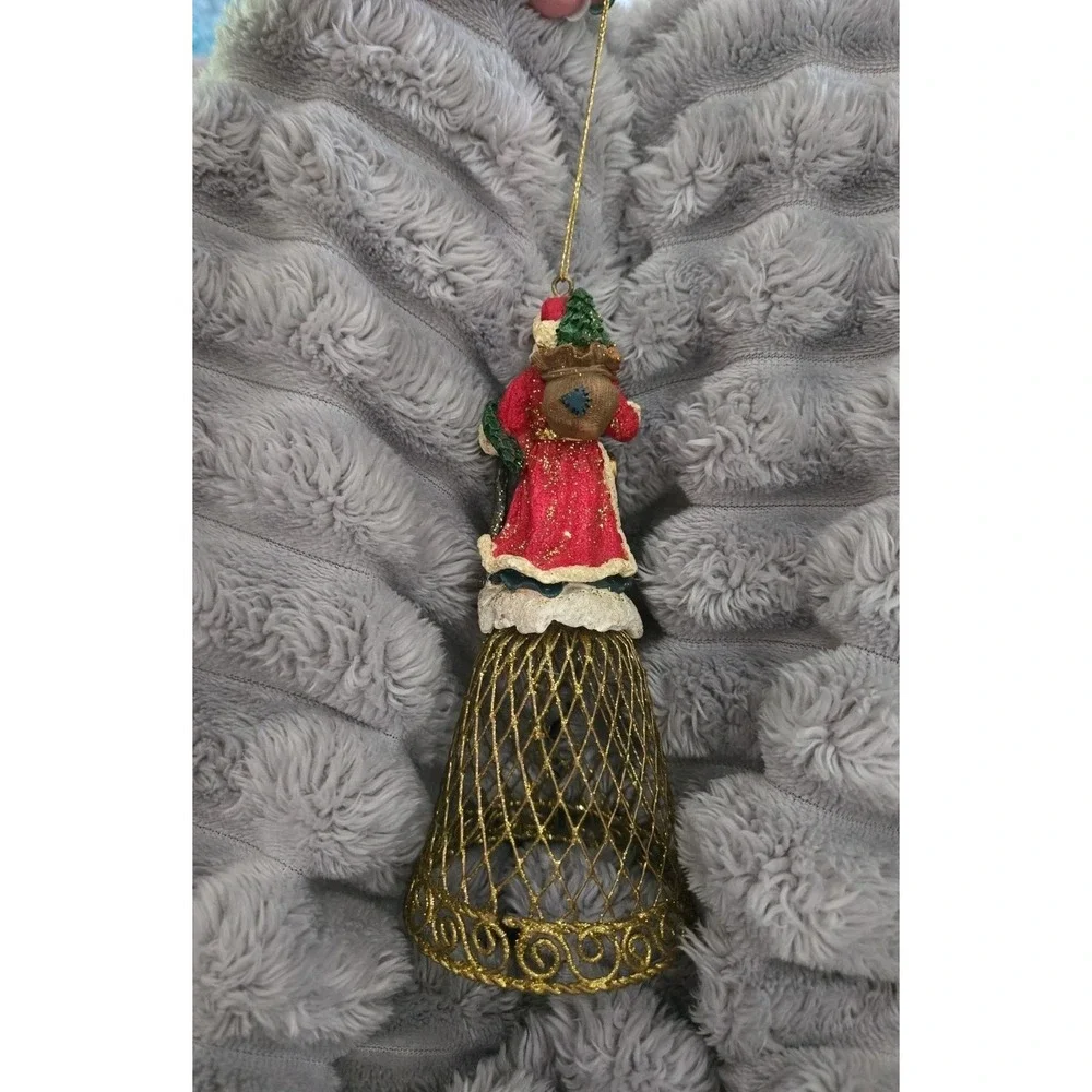 Christmas Santa Claus Gold Glitter Metal Mesh Bell‎ Tree Ornament NOS VINTAGE